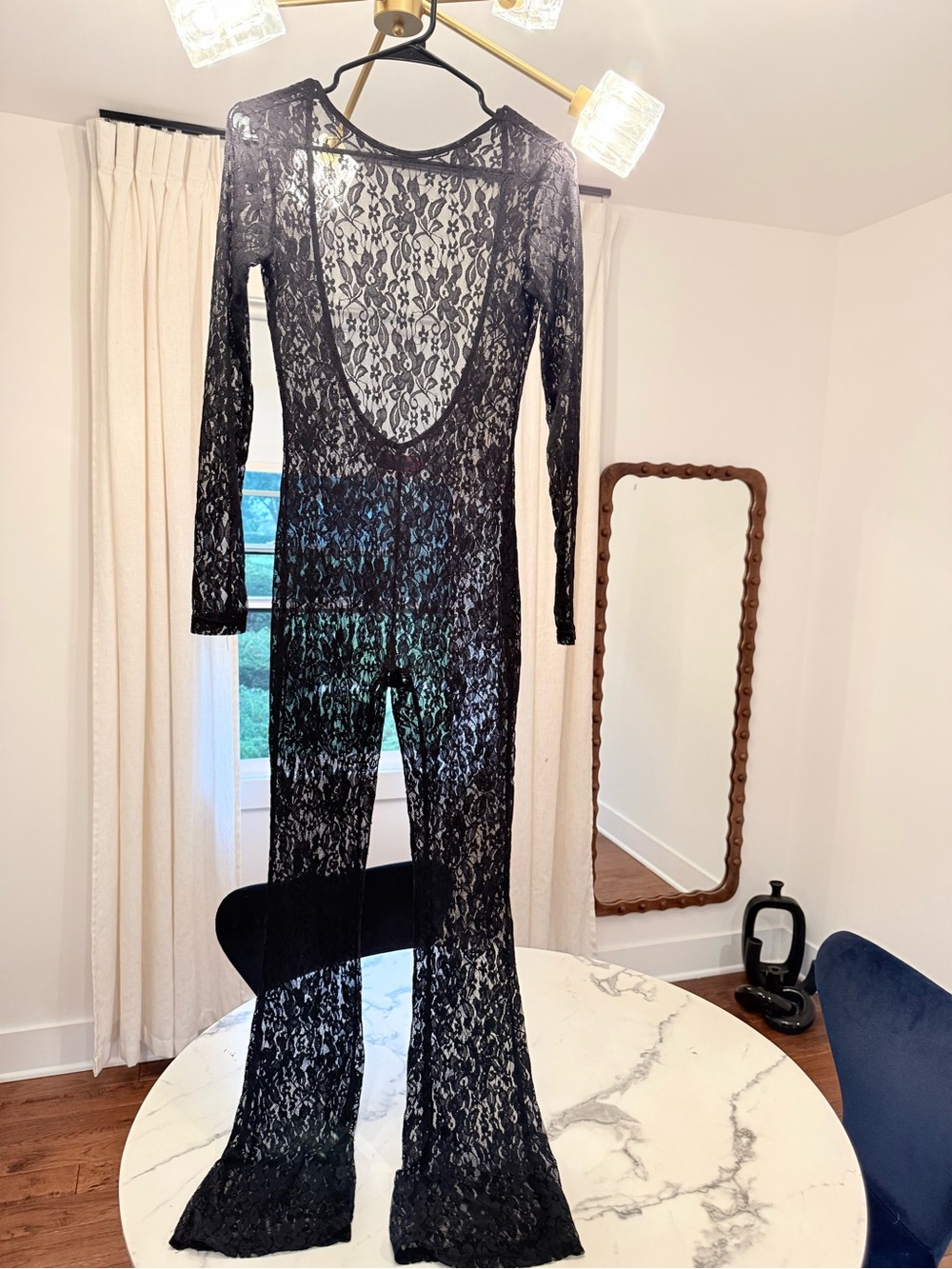 Edikted Black Sheer Floral Lace Long-Sleeve Jumpsuit